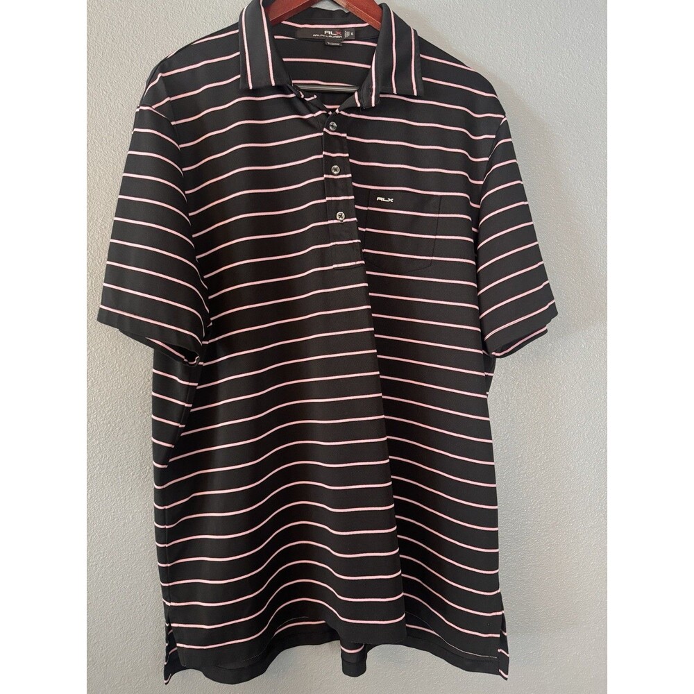 RLX Ralph Lauren Polo Men’s XL Black/Pink Striped Stretch Knit RLX Logo